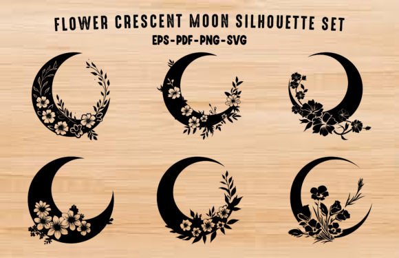 Crescent Floral Moon SVG Silhouette Set for Graphics and Illustrations