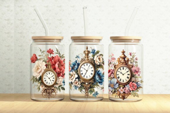 Floral Clocks 16oz Glass Can Wrap Graphics