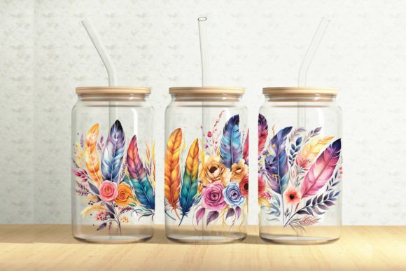 Floral Feathers 16oz Glass Can Wrap - A Versatile Graphic Design Asset