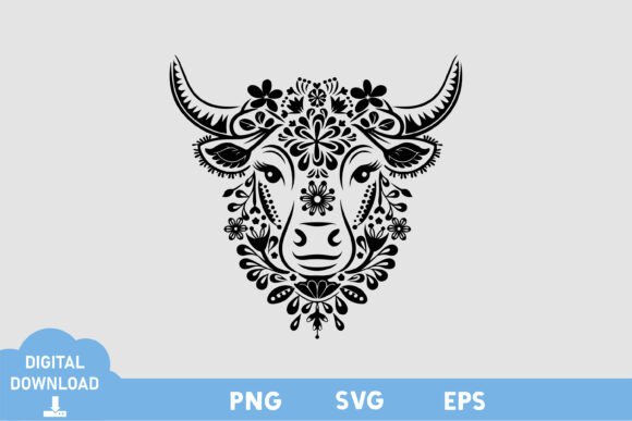 Floral Goat Head Black White Design for Graphics and Illustrations