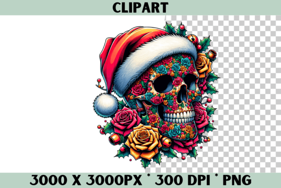 Floral Santa Skull Clipart for Modern Graphics & Illustrations
