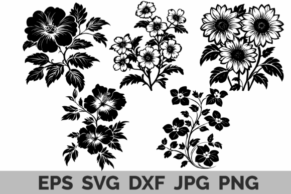Vintage Floral Silhouettes Black Flowers for Graphics and Illustrations
